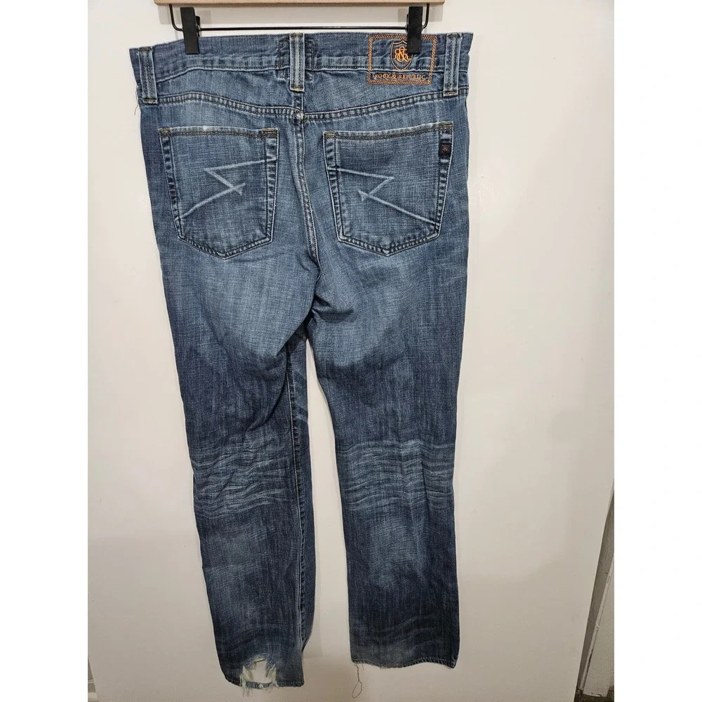 Rock & Republic Mens Straight Leg Jeans Medium Wash Distressed Blue 34x34